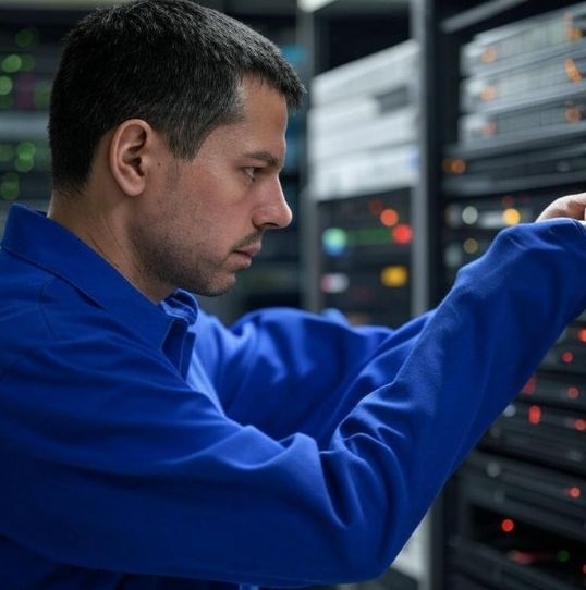 Joven reparando impresora